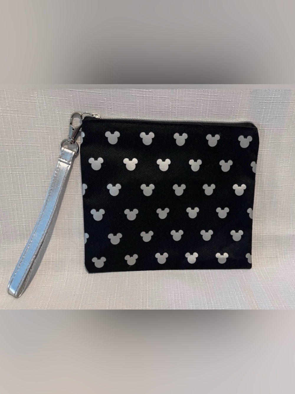 DISNEY Wristlet Zip Pouch Black with Silver Mickey Mouse Logo AVAIL IN GOLD TOO